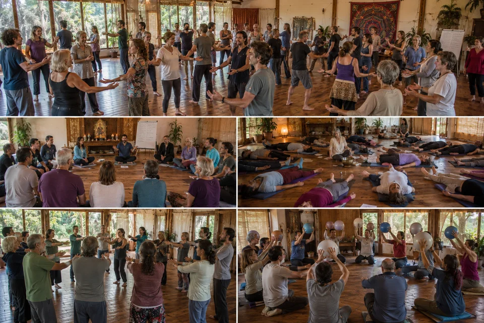 Participantes del retiro holístico de yoga disfrutando experiencias de sanación y bienestar