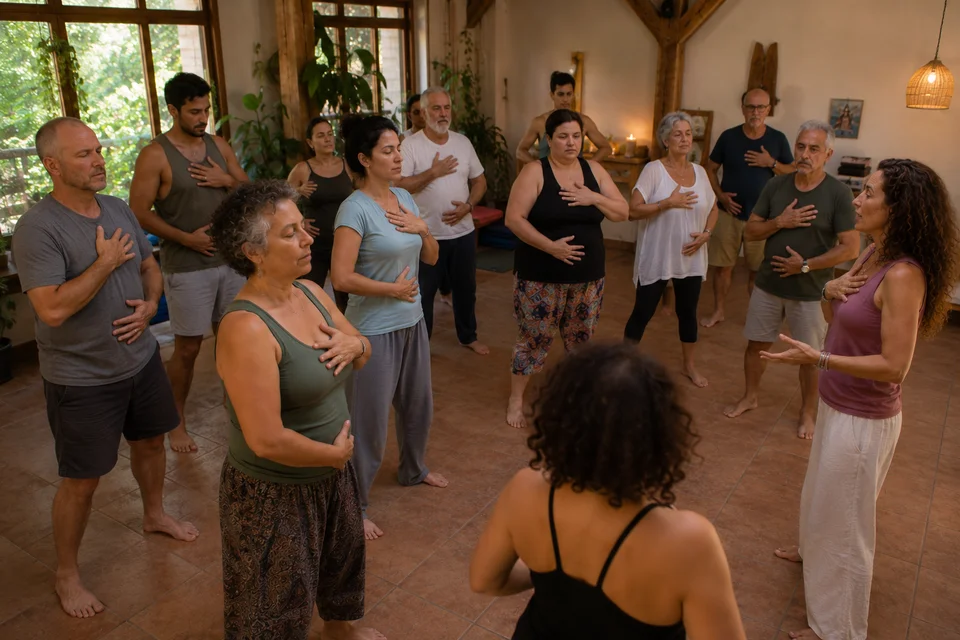 Participantes del retiro holístico de yoga disfrutando experiencias de sanación y bienestar