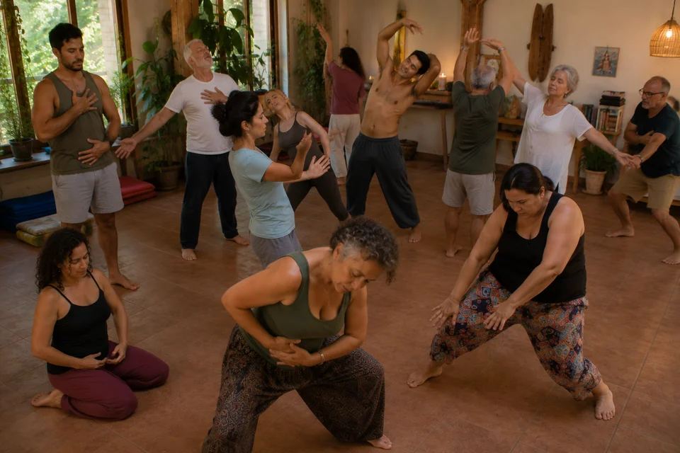 Participantes del retiro holístico de yoga disfrutando experiencias de sanación y bienestar