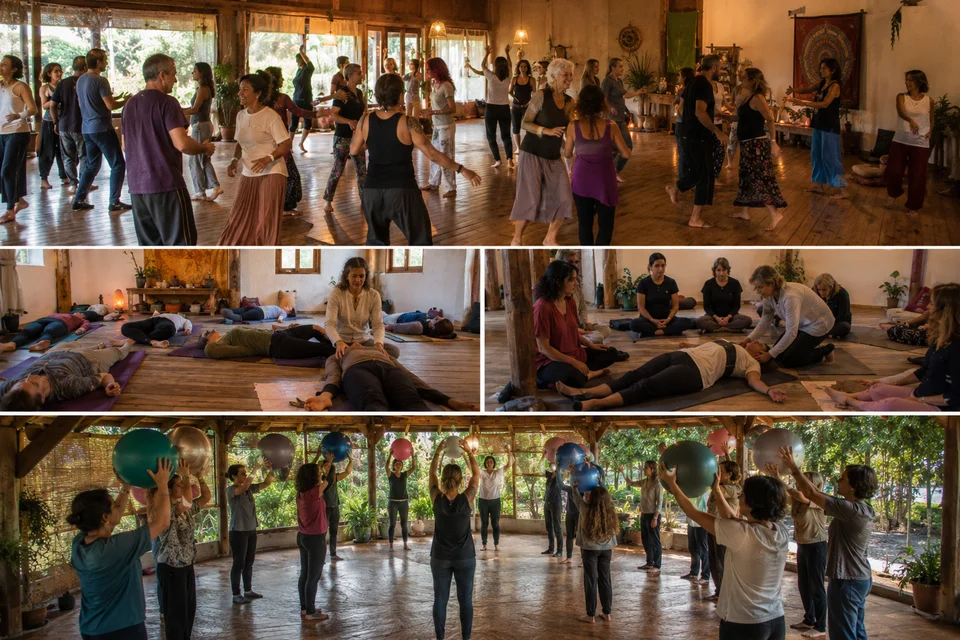 Participantes del retiro holístico de yoga disfrutando experiencias de sanación y bienestar