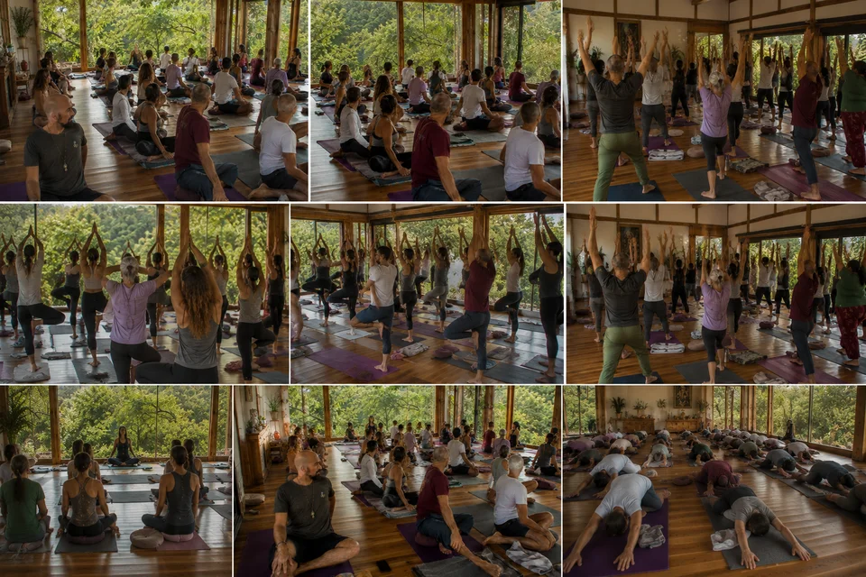 Participantes del retiro holístico de yoga disfrutando experiencias de sanación y bienestar