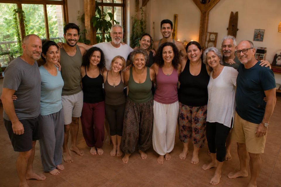 Participantes del retiro holístico de yoga disfrutando experiencias de sanación y bienestar
